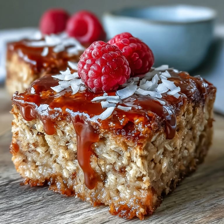 Slices of warm Baked Oatmeal with Raspberry and Coconut served in a rustic bowl, drizzled with maple syrup for breakfast.