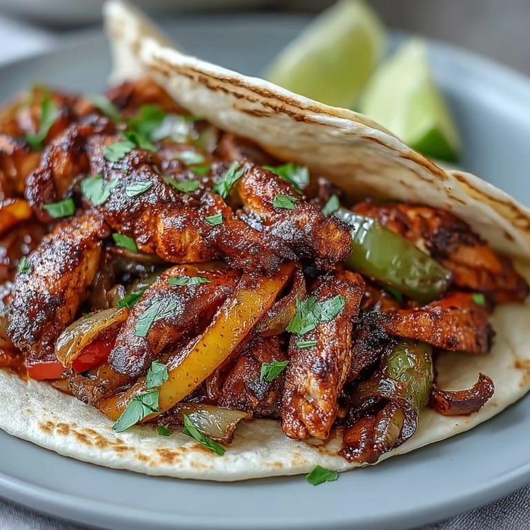 Skillet of sizzling Easy Chicken Fajitas topped with fresh cilantro, lime wedges, and optional sour cream on the side.