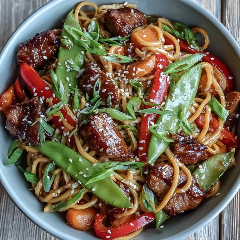 Tender egg noodles coated in savory soy and oyster sauce, tossed with colorful bell peppers and snap peas in this Pork Noodle Stir-Fry.