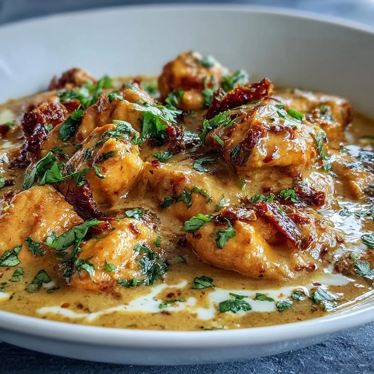 A hearty bowl of Easy Chicken Curry garnished with cilantro, paired with warm, buttery naan bread.