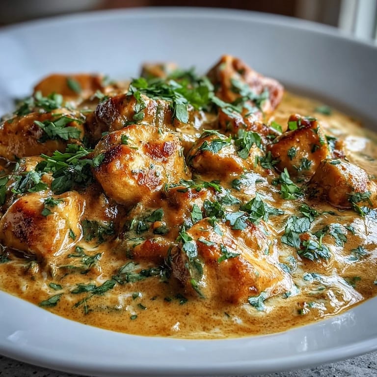 Steam rises from tender chicken pieces in creamy Easy Chicken Curry, highlighting golden turmeric and spices.