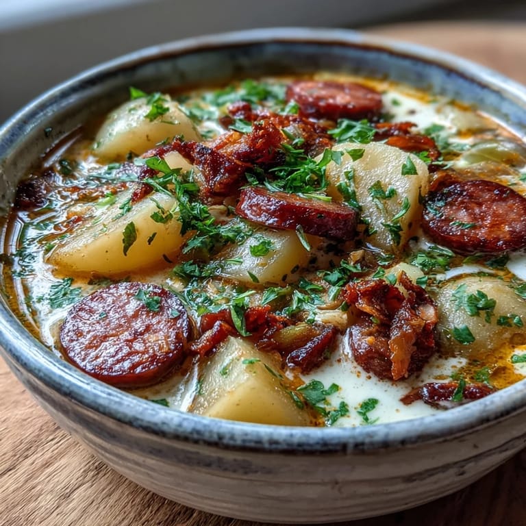 Rustic bowl of Potato, Leek and Chorizo Soup topped with spicy chorizo bits.