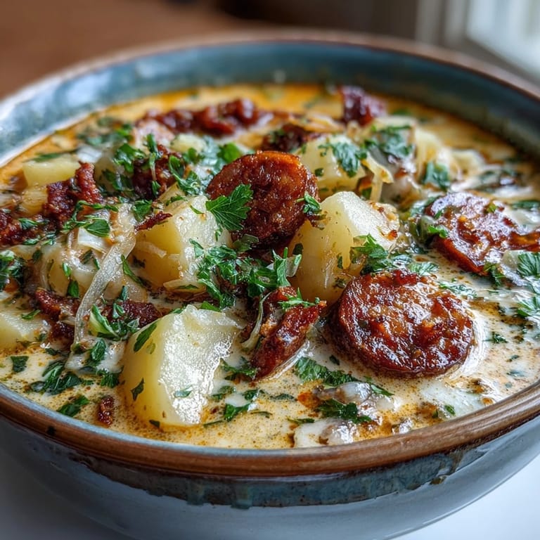 Spoon lifting creamy Potato, Leek and Chorizo Soup with leeks and potatoes.