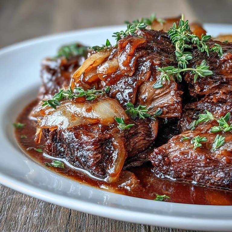 Fork-tender Savory Crock Pot French Onion Pot Roast topped with gooey cheese and thyme.