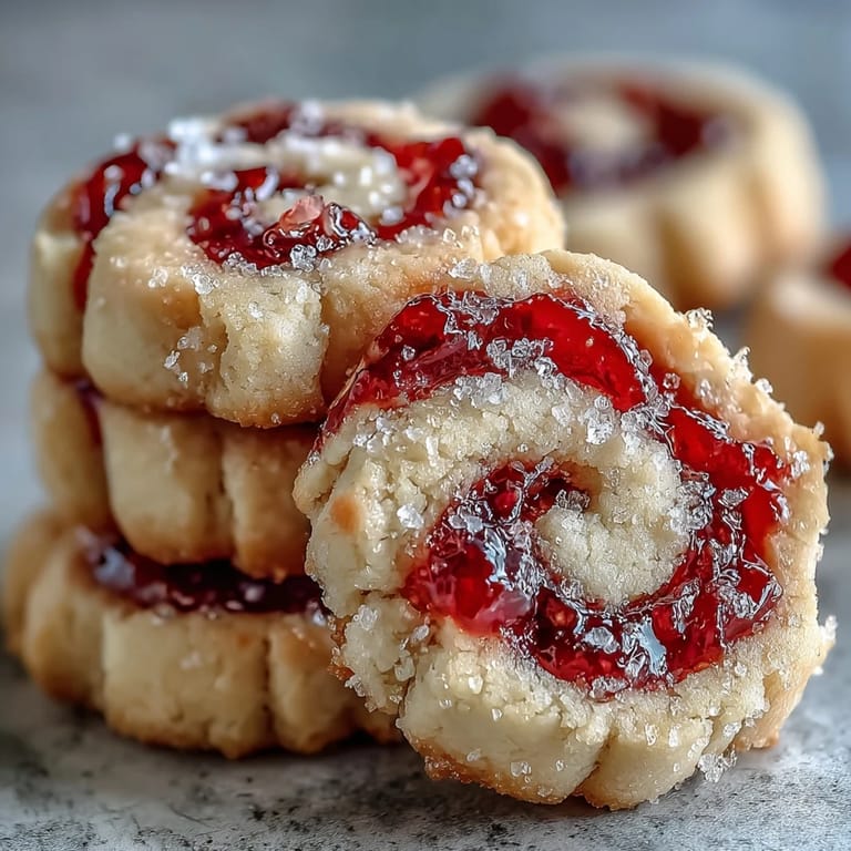 Close-up of a Raspberry Swirl Shortbread Cookie on a white plate, revealing a tender center and bright raspberry filling.