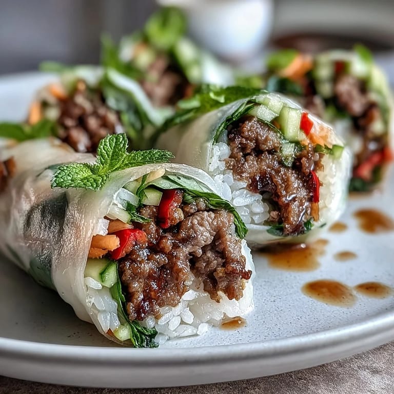 Thai Basil Beef Rolls on a platter with shredded carrots and cucumbers wrapped in soft translucent rice paper.