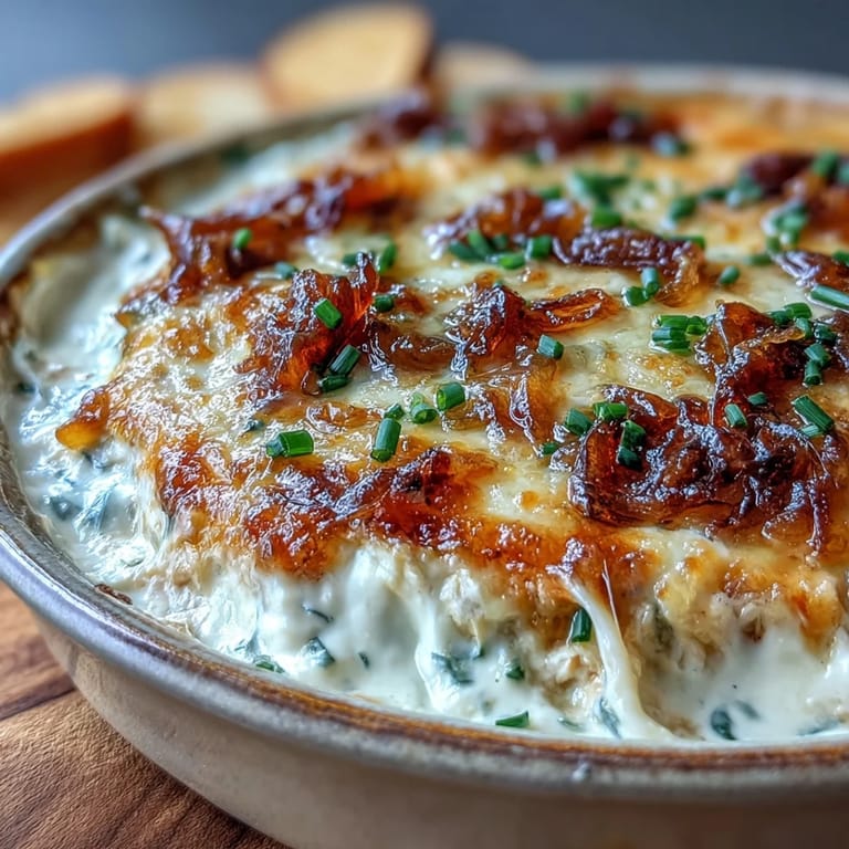 Rich Smoked Gouda & Onion Dip topped with fresh chives, paired with crisp raw vegetables.