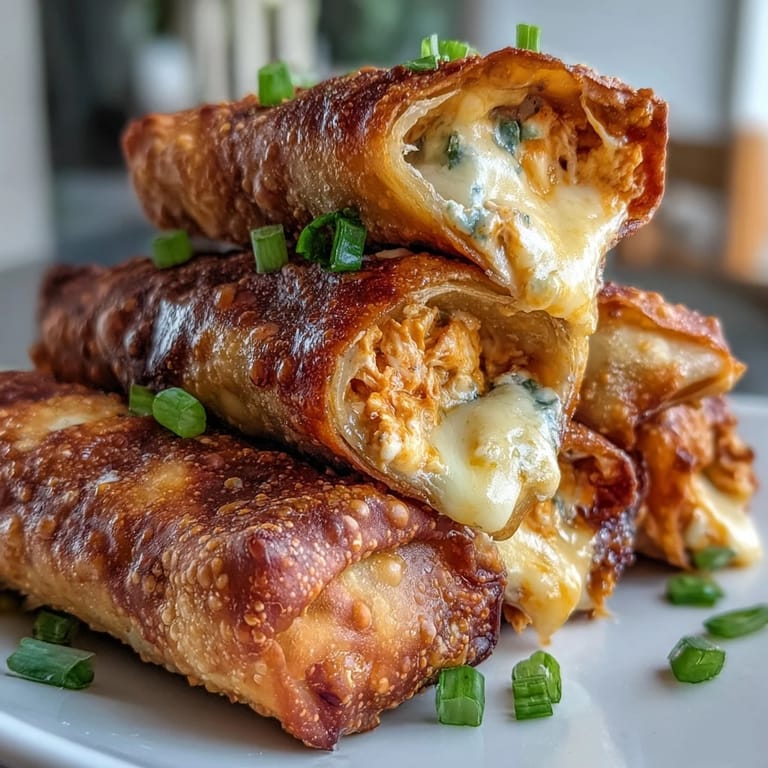 Sliced Buffalo Chicken Dip Egg Rolls reveal spicy chicken and melty cheddar filling.