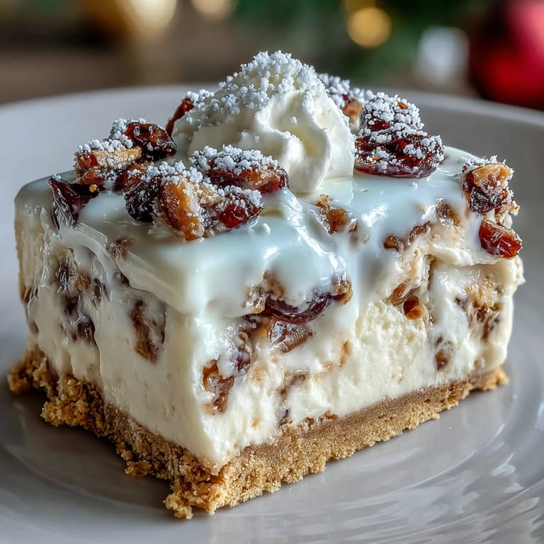Cinnamon, nutmeg, and ginger-scented Christmas Cheesecake Slab baked in a rectangular pan, revealing a creamy, fruit-studded interior and crunchy biscuit base.
