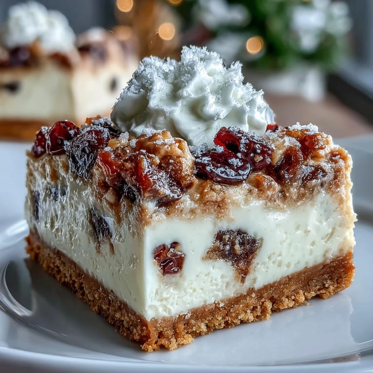 Sliced Christmas Cheesecake Slab dessert squares plated with spiced tea, highlighting velvety cream cheese and tangy dried cranberries, apricots, and cherries.