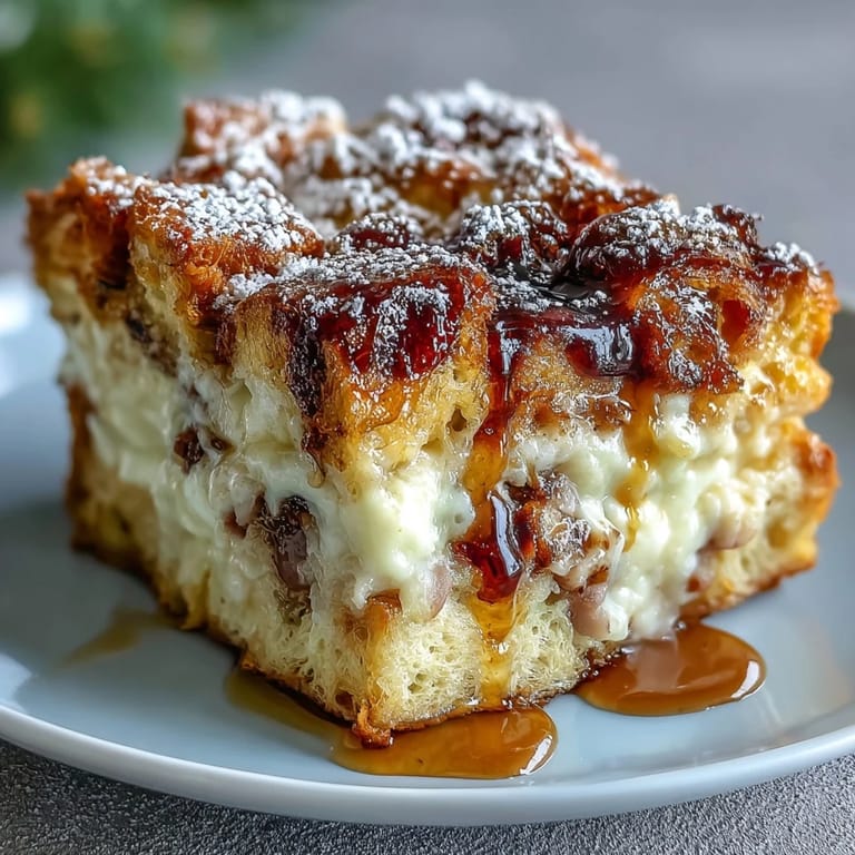 Layers of cinnamon-vanilla French bread, ham, turkey, and melted Swiss cheese in a slice.