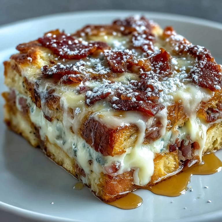 Warm serving of the savory-sweet Monte Cristo Breakfast Casserole with fresh berries and syrup.