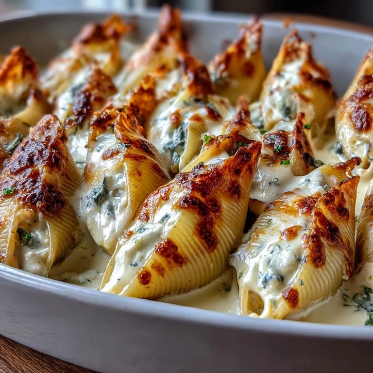 Freshly baked Pumpkin & Gouda Stuffed Shells topped with crispy sage leaves and a rich Alfredo drizzle.