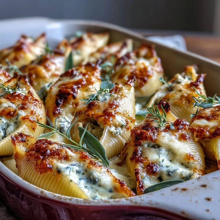 Close-up of rich Pumpkin & Gouda Stuffed Shells filled with creamy pumpkin and smoked cheese, baked to perfection.
