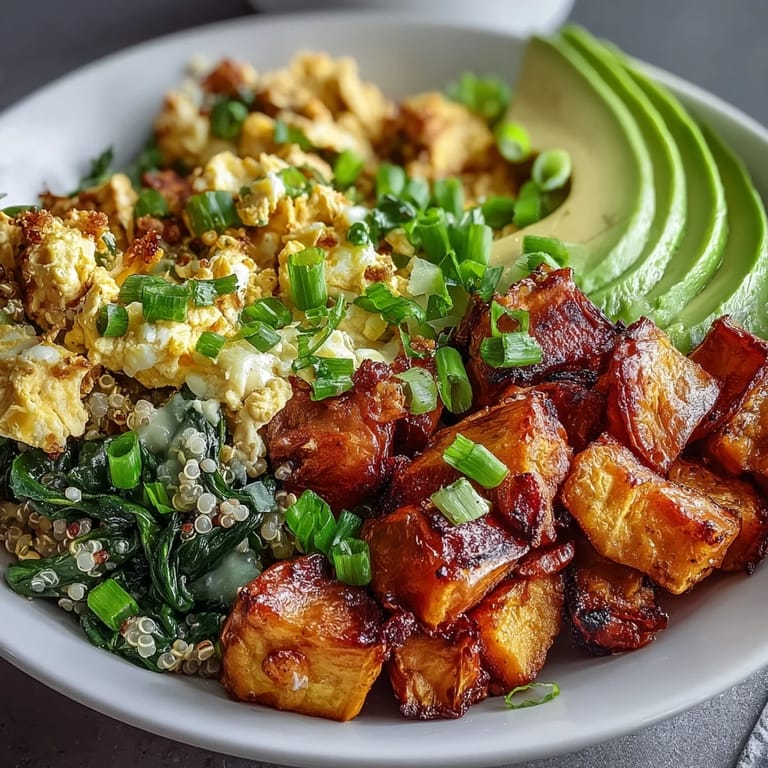 Hot skillet of Tofu Scramble Vegan Breakfast Bowl featuring turmeric-seasoned tofu, sautéed spinach, and aromatic garlic.