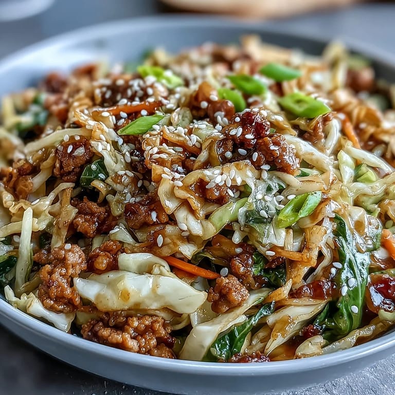 A colorful Egg Roll in a Bowl dinner with tender meat, crunchy vegetables, and a savory Asian-inspired sauce, garnished with fresh herbs.