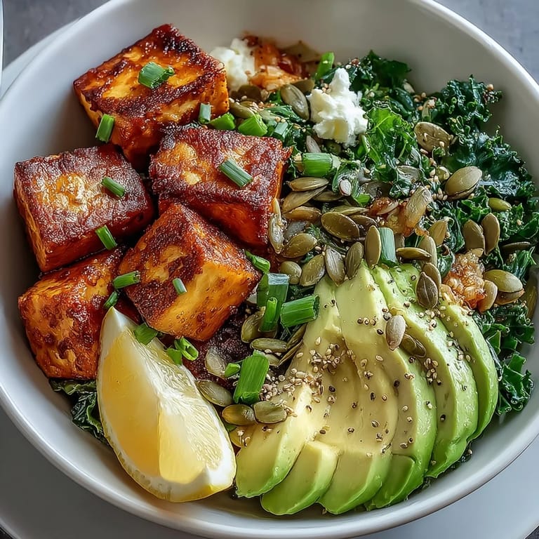Protein-packed vegan breakfast bowl featuring crispy tofu, wilted kale, sliced avocado, and a sprinkle of pumpkin seeds.  