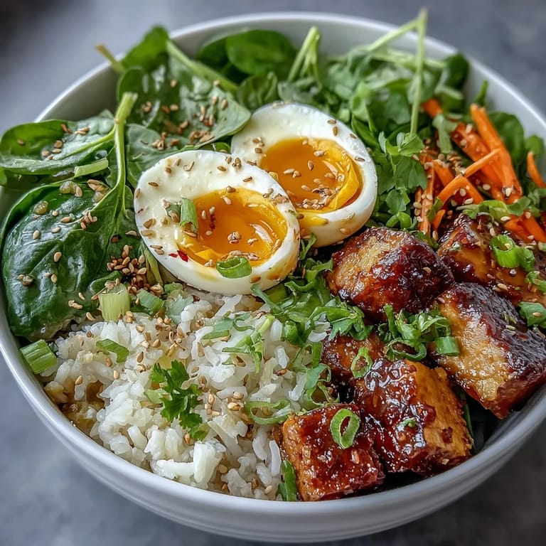 Nourishing breakfast bowl featuring jammy eggs, marinated tofu, crisp vegetables, and zesty ginger scallion sauce over jasmine rice.  