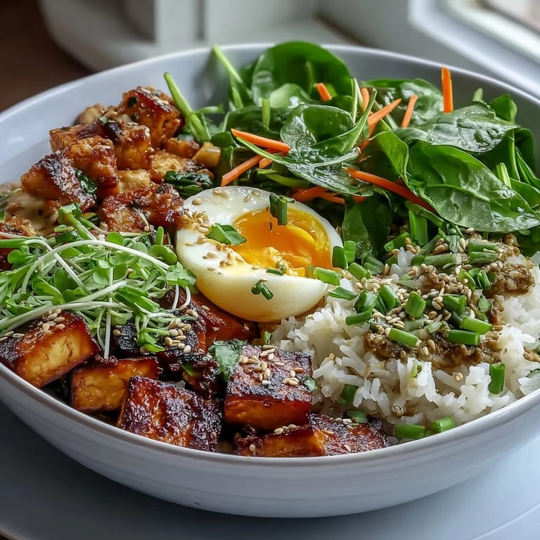 Asian-inspired Tofu Jammy Egg Bowl with golden tofu cubes, creamy eggs, crunchy veggies, and aromatic ginger scallion drizzle.