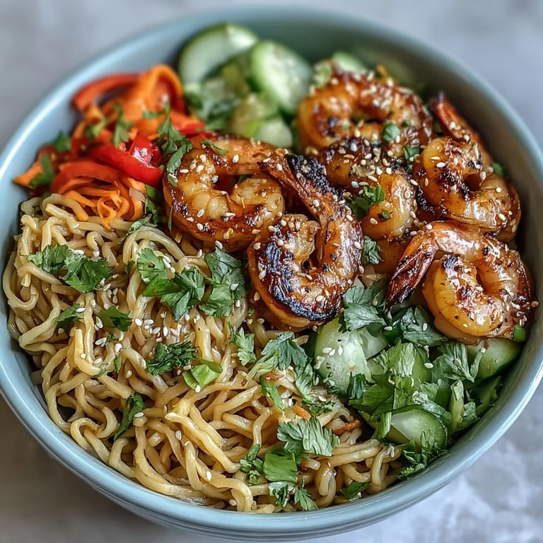 Succulent grilled shrimp atop sesame noodles, garnished with julienned carrots, cucumber, and cilantro in a quick Asian-inspired meal.