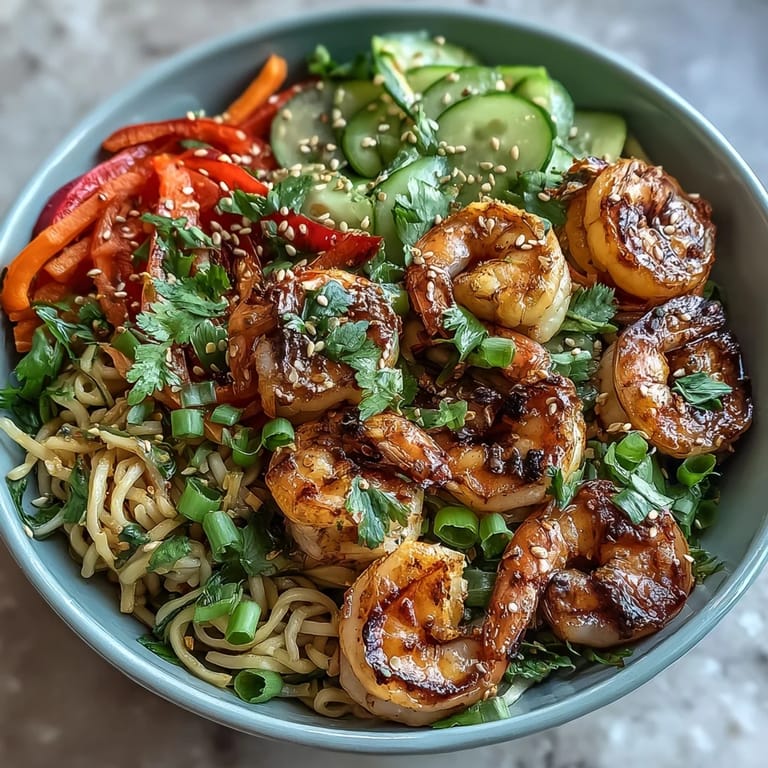 Colorful Asian noodle bowl featuring tender grilled shrimp, crunchy veggies, and a tangy sesame-soy dressing for an easy dinner.
