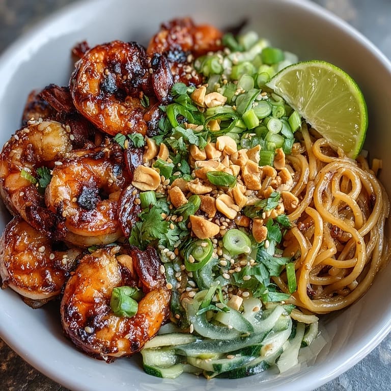 Vibrant Asian noodle bowl with grilled shrimp, crisp vegetables, creamy avocado, and roasted peanuts for a satisfying meal.