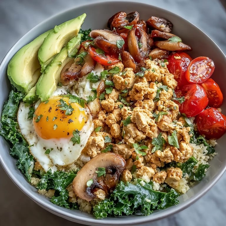 Colorful vegan breakfast bowl featuring golden scrambled tofu, earthy mushrooms, and vibrant kale served over a bed of hearty whole wheat couscous.
