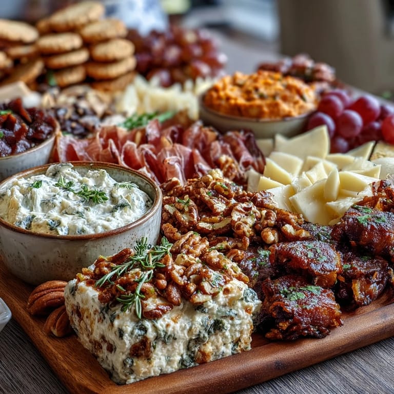 Elegant charcuterie board with assorted meats, cheeses, dips, and fresh vegetables, garnished with herbs and ready for a festive housewarming celebration.