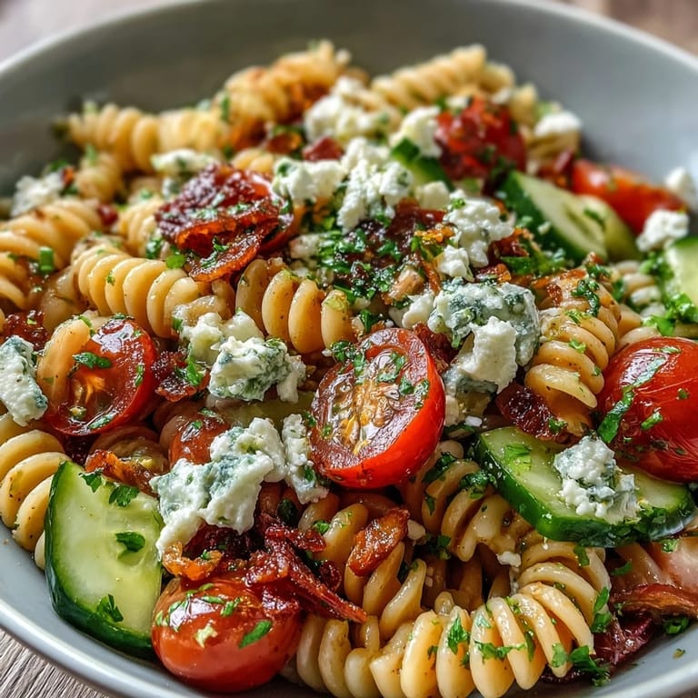 Colorful pasta salad with zesty lemon vinaigrette, crunchy cucumbers, and sweet cherry tomatoes, ideal for warm-weather meals.