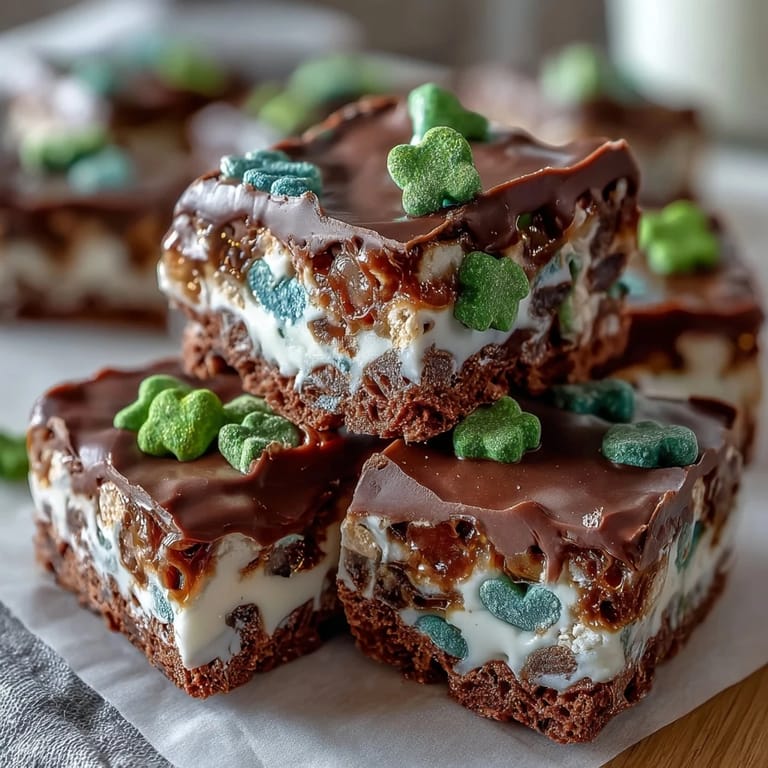 Lucky Charms bark and rainbow candies on a St. Patrick's Day dessert board with green apples and gold chocolate coins.