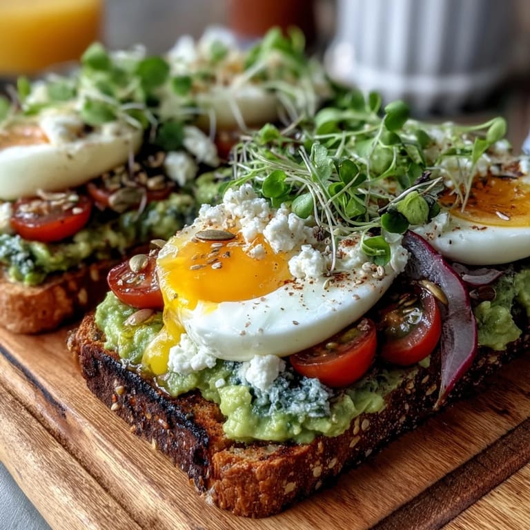 Creamy avocado spread on toasted sourdough with radishes, cherry tomatoes, and microgreens, drizzled with olive oil and flaky salt.