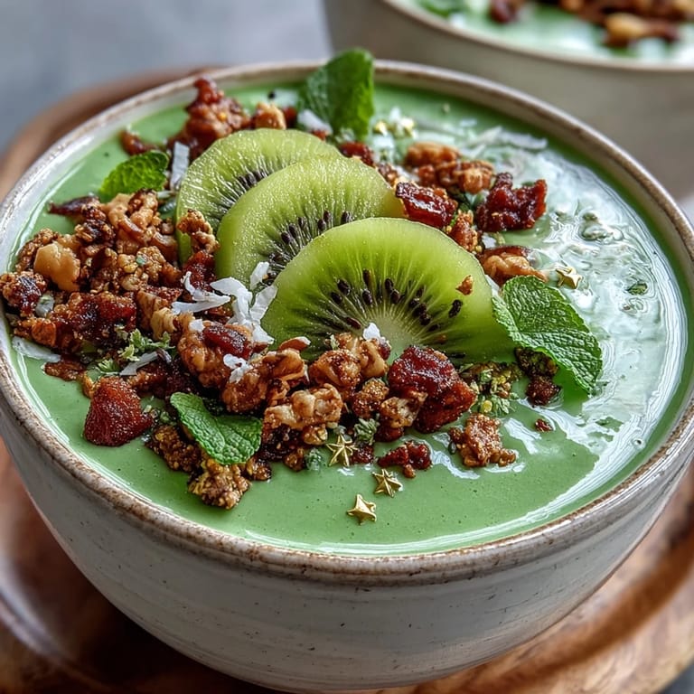 Creamy protein-packed smoothie bowl with spinach, avocado, and fresh mint leaves, decorated in a shamrock pattern for St. Patrick's Day.