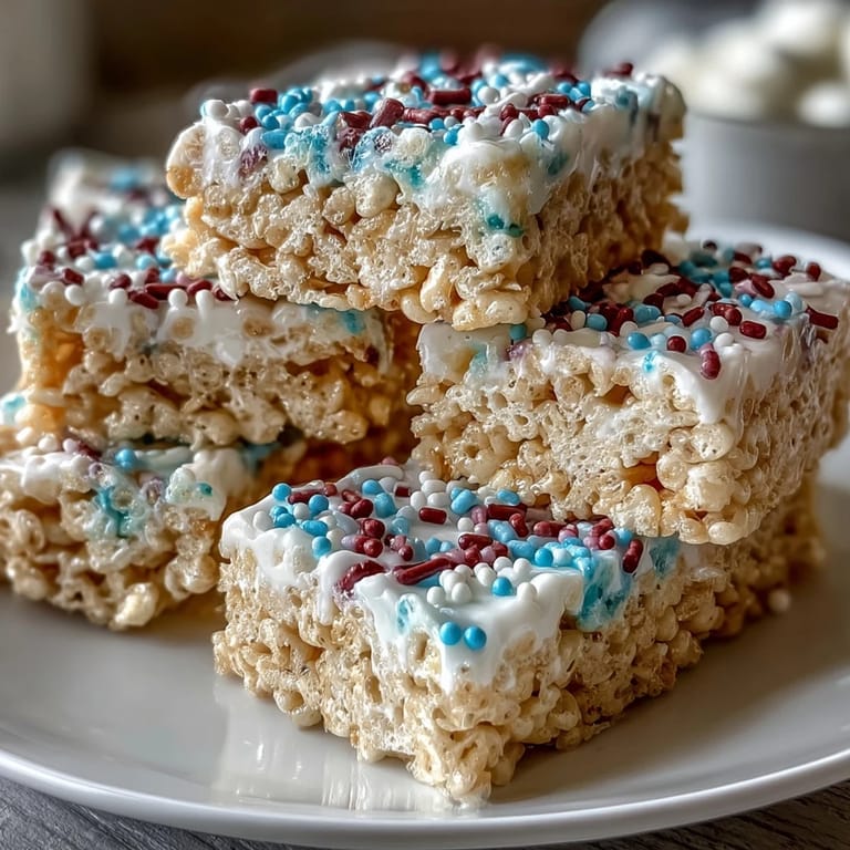 Chewy marshmallow cereal bars with vibrant red, white, and blue colors, ideal for Independence Day dessert tables.  