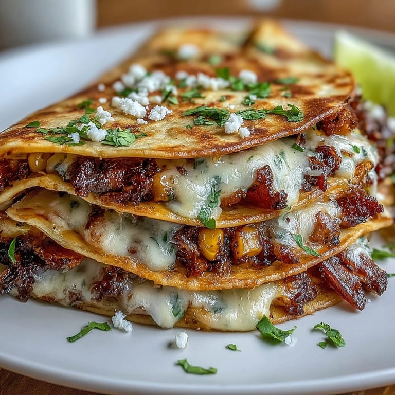 Crispy quesadillas stuffed with charred corn, jalapeño, and Cotija cheese, drizzled with chipotle sour cream for a zesty Mexican twist.