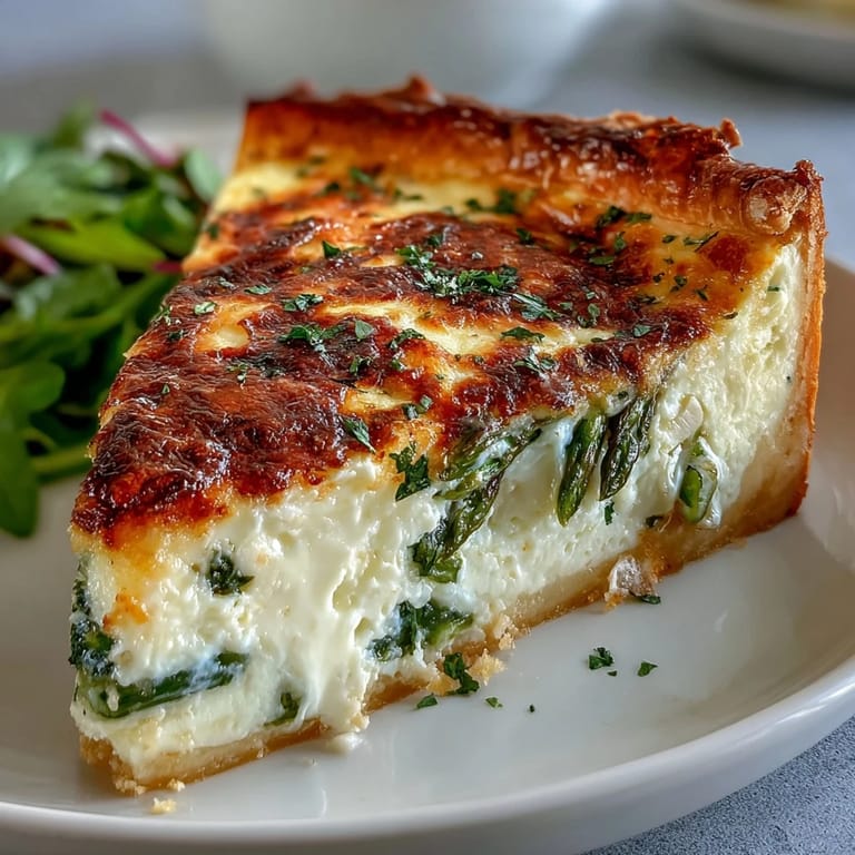 Elegant brunch quiche with asparagus and Brie, baked to golden perfection for a special occasion.