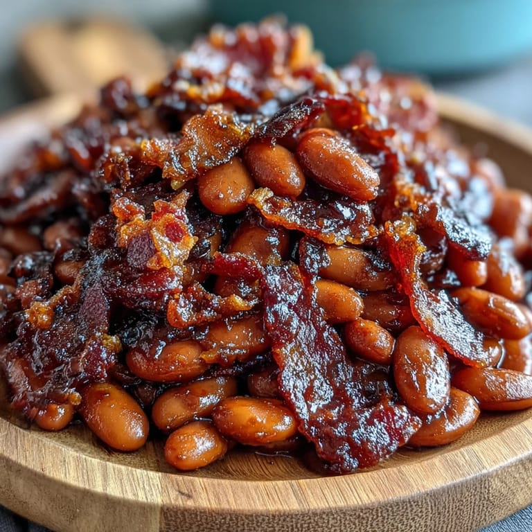 3. Summer BBQ Baked Beans with Brown Sugar and Bacon served in a rustic skillet, topped with golden bacon crumbles and steam rising from the dish.