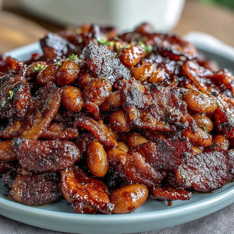 2. Close-up of a spoonful of Summer BBQ Baked Beans with Brown Sugar and Bacon, showcasing tender beans coated in rich, molasses-kissed sauce.
