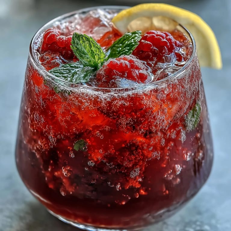 Chilled Raspberry Lemon Spritz Mocktail garnished with mint and lemon slices—a colorful, refreshing drink for hot days.