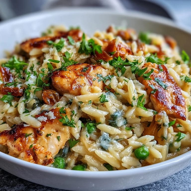 Zesty lemon, tender chicken, and sweet peas mingle in a creamy one-pot orzo dish—easy cleanup and big flavor.