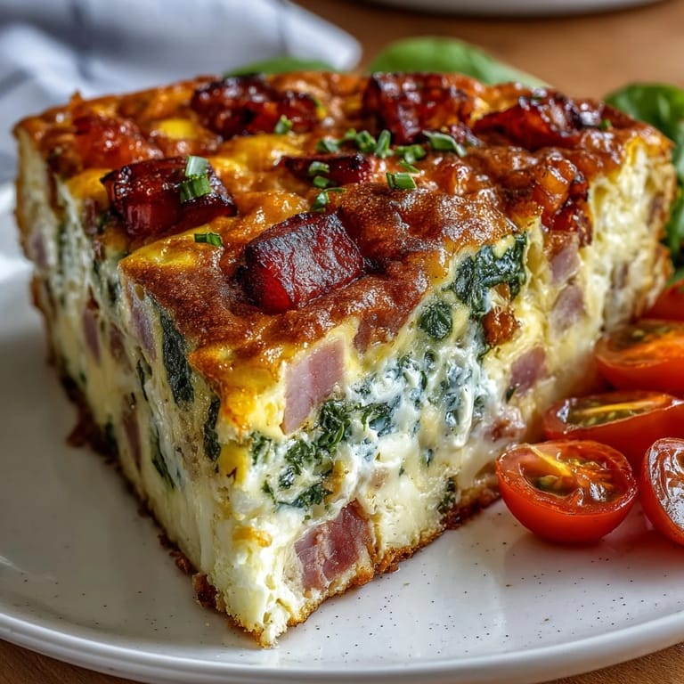 Savory ham and Swiss cheese frittata baked to fluffy perfection in a single skillet, perfect for brunch or dinner.