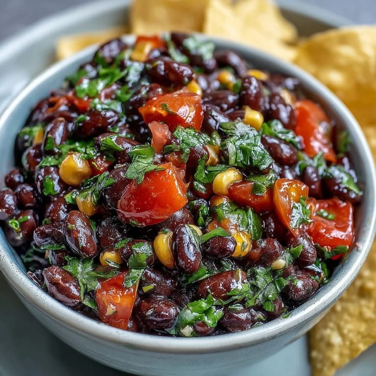 Colorful cowboy caviar dip featuring hearty black beans, juicy corn, and zesty pico de gallo.