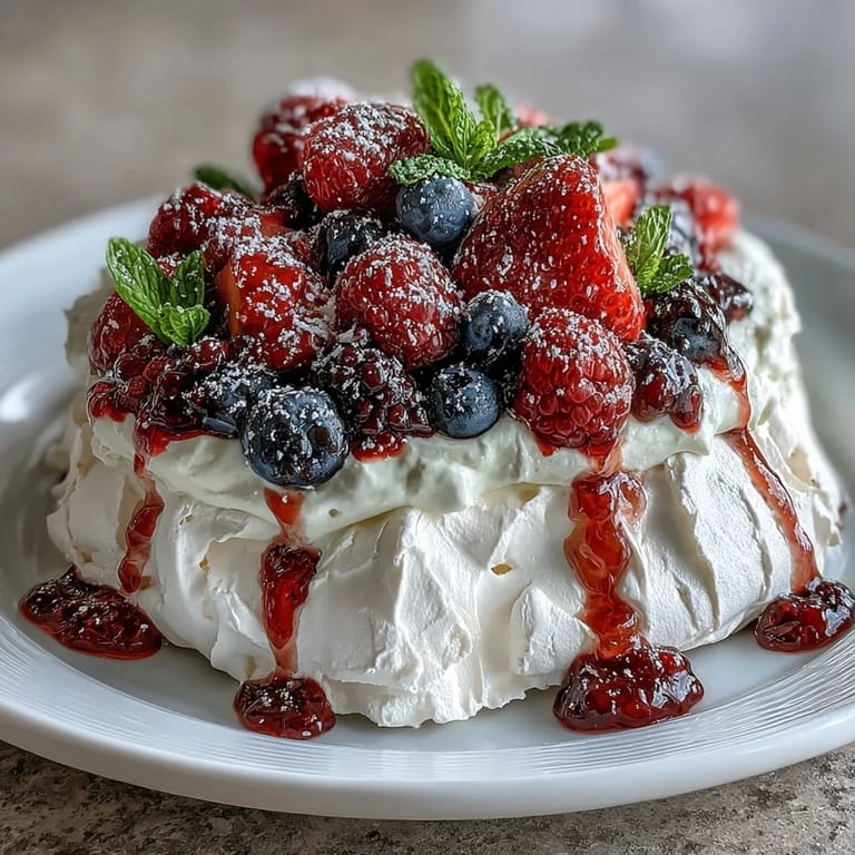 A golden pavlova crowned with vibrant fresh berries and swirls of vanilla whipped cream for a stunning dessert centerpiece.