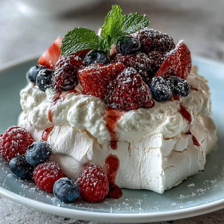 A light and airy pavlova with fresh berries and cream, offering a crisp shell and marshmallow-soft interior.