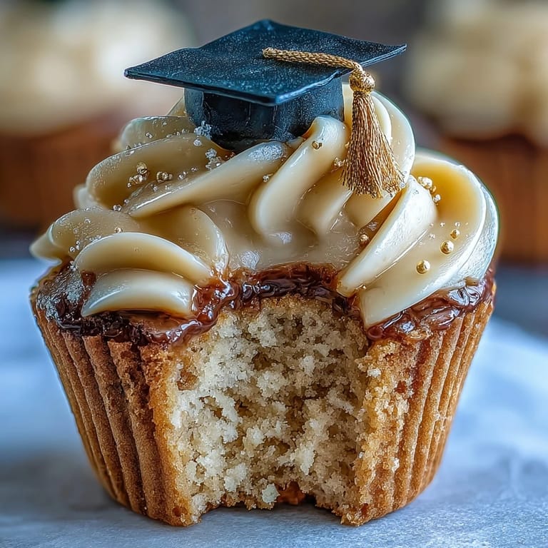 Delicious graduation cupcakes adorned with shiny black and gold edible graduation caps.