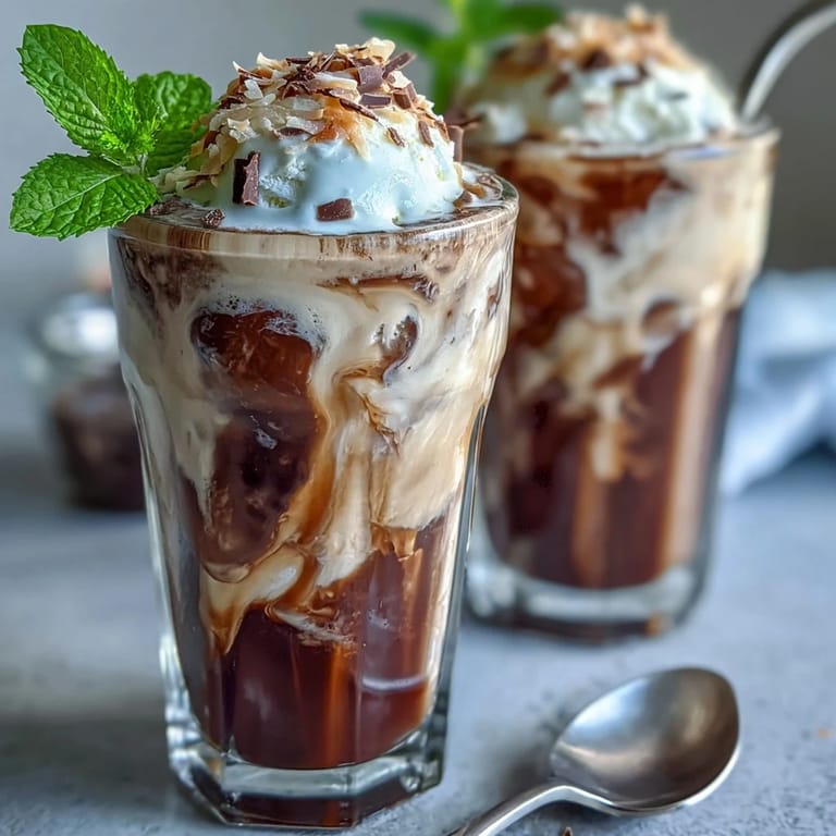 Iced coconut coffee float with smooth vanilla bean ice cream, garnished with chocolate shavings and fresh mint leaves.