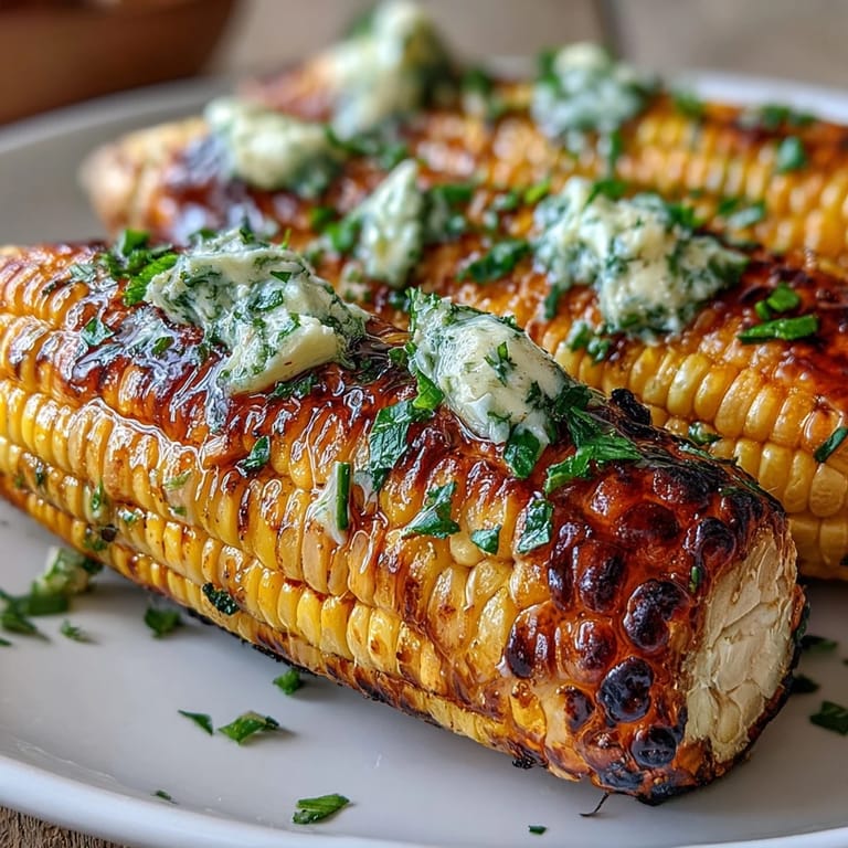 Festive grilled corn platter, topped with zesty, herbaceous butter for a perfect summer side.