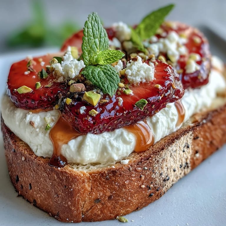 Golden toast piled high with fresh strawberries, ricotta, honey, and chopped pistachios.