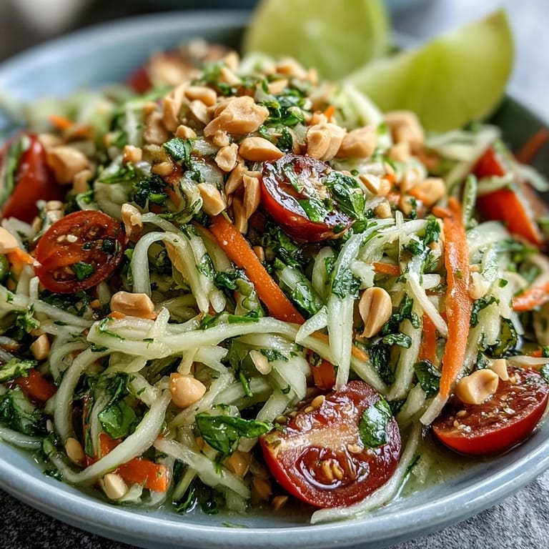 Spicy Som Tam, a fresh green papaya salad perfect with lime and peanuts.