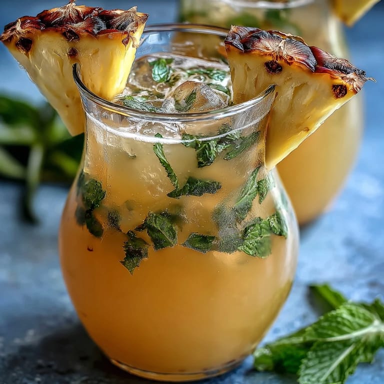 Chilled Pineapple Coconut Agua Fresca garnished with fresh fruit and mint.