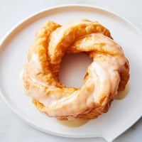 Golden-brown, twisted French crullers recipe, freshly glazed and ready to be enjoyed with coffee.
